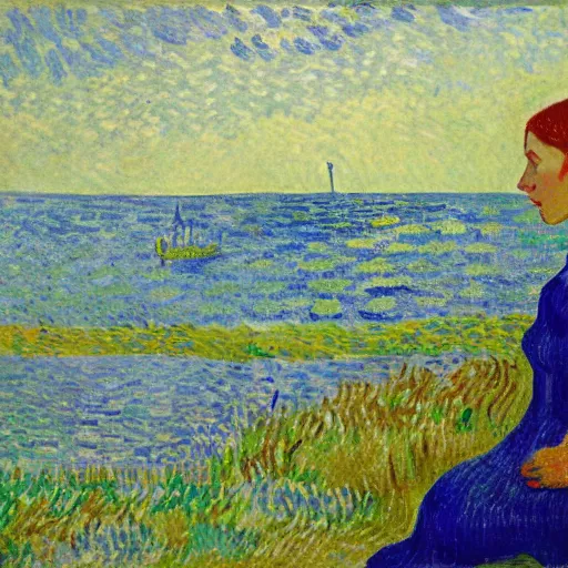 Image similar to young woman dreaming of bubbles and fish, concept art, gouache, camille pissarro, van gogh, wide shot