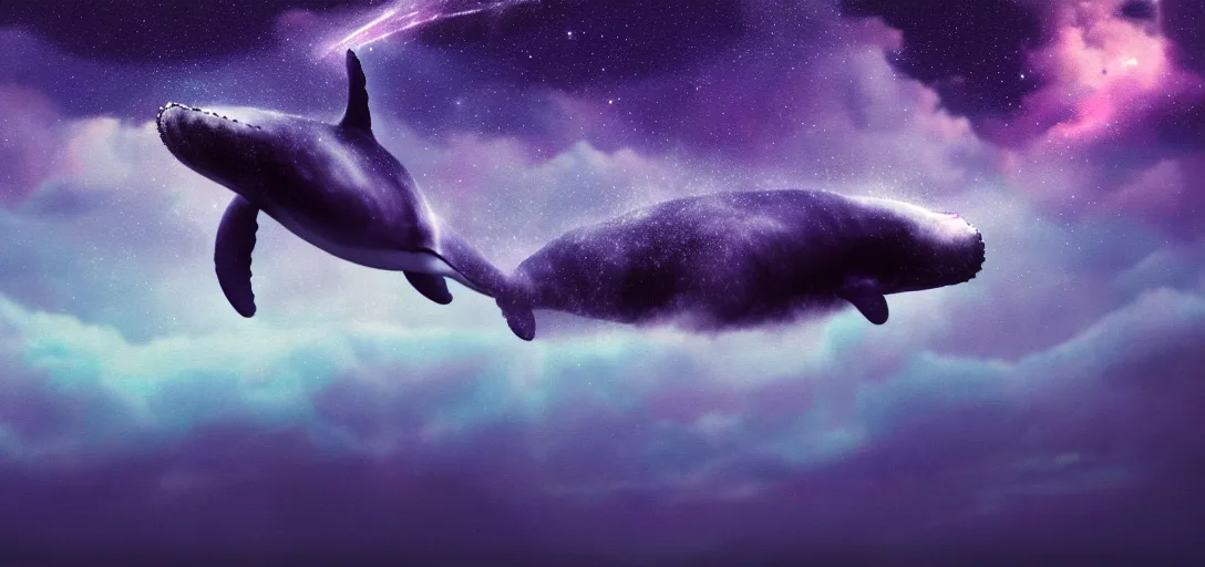 Image similar to a wide angle shot of a lonely whale flying in the sky, sea underneath, cosmic starry sky, concept art, trending on artstation, purple theme atmospheric lighting, painted, intricate, detailed, impressive, leesha hannigan