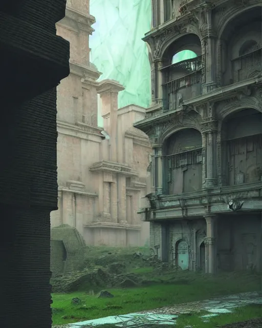 Image similar to hyperrealistic 3d render highly detailed baroque mecha iridescent pink brutalist city ruins background concept art unreal engine!! santiago caruso de chirico sharp very dramatic green light 8k low angle shallow depth of field