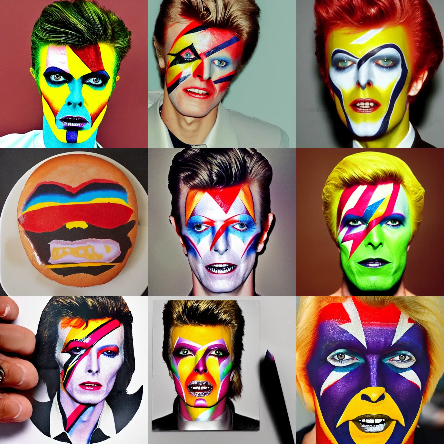 Prompt: cheeseburger colored like David Bowie’s face paint