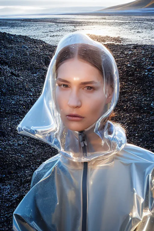 Image similar to an ultra high definition professional high fashion portrait studio full length photograph of a model wearing a transparent pearlescent raincoat and neon visor in an icelandic black rock environment at dawn. no artefacts. extremely detailed. stark. shallow depth of field. volumetric light and shadow. ray tracing. light ray.