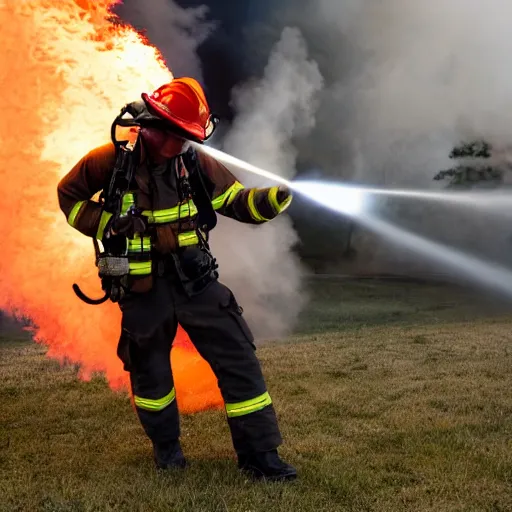 Image similar to photo of a firefighter using a flamethrower projecting a long flame. award-winning, highly-detailed