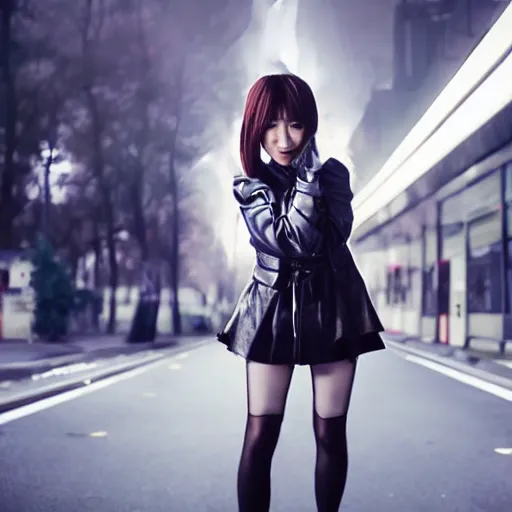 Image similar to a dynamic, epic cinematic 8K HD movie shot of a japanese young J-Pop idol girl wearing leather jacket, miniskirt, nylon tights and high heels boots. Motion, VFX, Inspirational arthouse