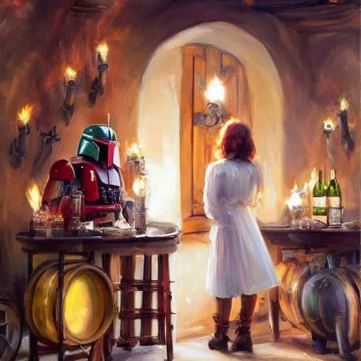 Image similar to wine cellar full of food, torches on the wall, schnapps, romantic, inviting, cozy, Boba fett, painting Vladimir Volegov