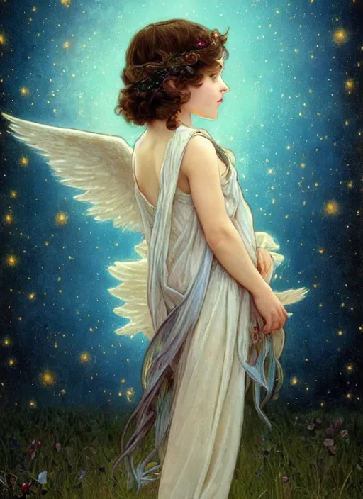 Image similar to A cute little girl with shoulder length curly brown hair and angel wings. She is standing in a field at night looking up and the sky is filled with constellations. The picture has an ornate frame. beautiful fantasy art by By Artgerm and Greg Rutkowski and Alphonse Mucha, trending on artstation.