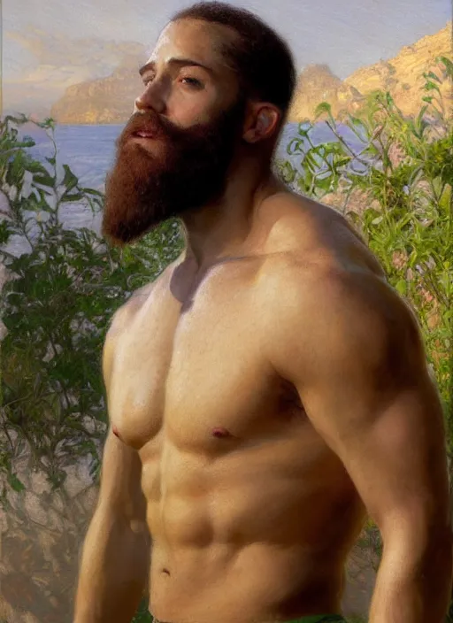 Image similar to detailed cinematic wide shot of muscular attractive young mulatto man beard slim face symmetrical face tanskin green eyes white hair wearing sea clothes, ultra realistic, spring light, painting by gaston bussiere, craig mullins, j. c. leyendecker