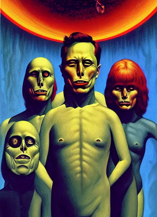 Prompt: detailed image of a creepy Elon, Musk family in the deep spacenc, 70s, by richard corben, rich deep colors. masterpiece . intricate artwork, very coherent symmetrical artwork, cinematic, hyper realism, high detail, octane render, unreal engine, 8k, Vibrant colors, Smooth gradients, High contrast, depth of field. by Katsuhiro Otomo, full body character drawing, inspired by Evangeleon, clean ink detailed line drawing, intricate detail, extremely detailed.