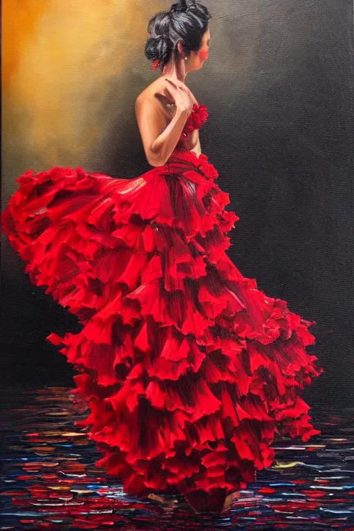 Prompt: detailed oil painting of spanish flamenco dancer wearing a red dress made of flowers engulfed in flames, she's standing waist deep in water, midnight, moon, dimly lit, looking away, dark shadows, ethereal, foggy, moody, photo realistic, high definition, 4 k, slr