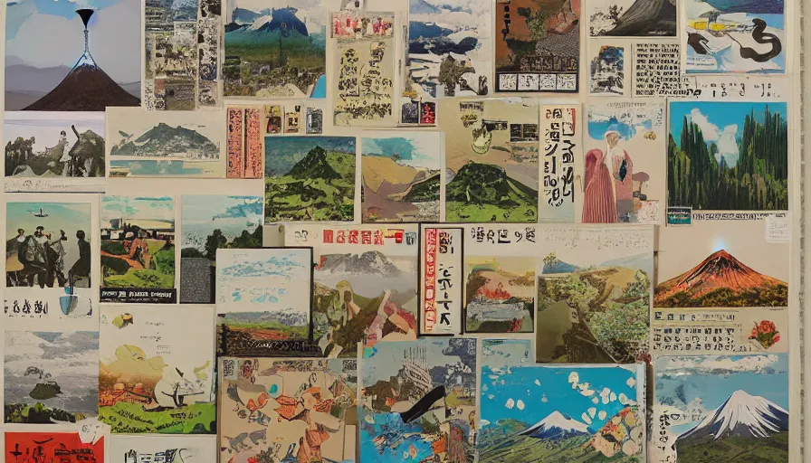 Prompt: award winning graphic design poster, cutout clips of a variety of postcards, National Geographic photographs, manga and newspaper cutouts a variety of japan travel images, natural landscape beauty, japan harvest, crafts, architecture and more, constructing an contemporary art assemblage of mount fuji and bullet train, isolated on white, neo-classical painting