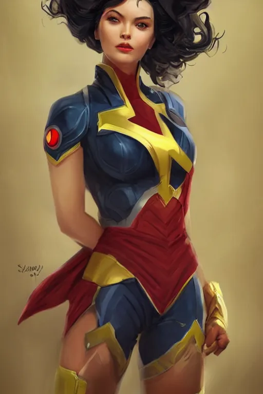 Image similar to three quarters portrait pose of a beautiful woman,super hero costume,heroic pose,highly detailed, digital painting,illustration, art by Stanley Lau