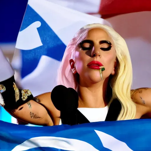 Image similar to Lady Gaga as president, Argentina presidential rally, Argentine flags behind, bokeh, giving a speech, detailed face, Argentina