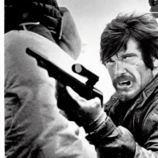 Image similar to a high quality filmic action horror movie style photograph of a man holding a double barreled shotgun to his own face in 1982 antarctica