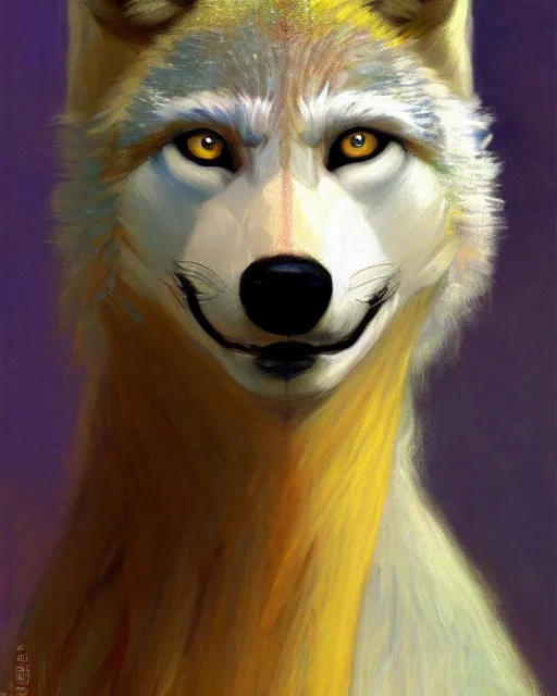 Image similar to portrait of a white female anthro wolf at a roller derby, female fursona, 4 k, trending on artstation, very expressive detailed feminine face, energetic, bright colors, by gaston bussiere, craig mullins, j. c. leyendecker, gustav klimt, artgerm, greg rutkowski, alphonse mucha