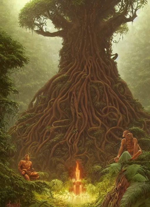Prompt: a shaman sitting in the jungle, a tree behind him with a giant face of an old man in the trunk, hyper detailed, art by christophe vacher