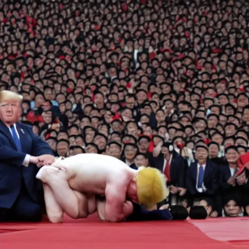 Prompt: donald trump wrestling himself in front of north korean crowd, in pyongyang