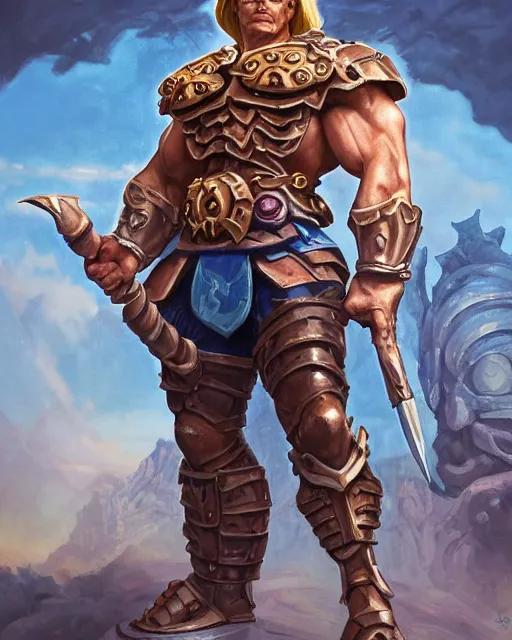 Image similar to He-Man!!!!!, close up, ghibli!! ,sci fi,fantasy, intricate, german iron cross chest armor ,elegant, loin cloth ,highly detailed, oil painting, artstation, concept art, matte, sharp focus, illustration, dramatic, sunset,hearthstone, art by Artgerm and Greg Rutkowski and Alphonse Mucha