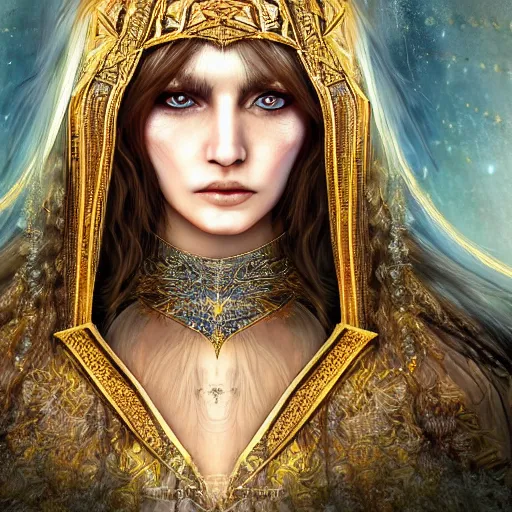 Prompt: highly detailed sharp photorealistic portrait of a beautiful lithuanian female priestess with shimmering hair, symmetrical face and eyes, dressed in intricate flowing silk, the silky cloth lined with golden glowing letters, cgsociety, Elden Ring, Dark Souls, Bloodborne H 640