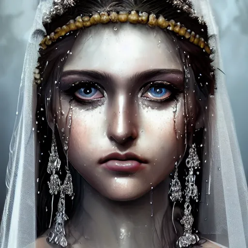 Prompt: ilyana vyulnika as a young wet bride in the dark, heavy makeup, crying eyes, tears, leaked mascara, lipgloss, portrait, closeup, cute freckles, gloss effects, and exaggerated proportions, intricate silver jewelry, after rain, digital art by julia razumova and mel milton, trending on artstation, 4 k high quality cinematic