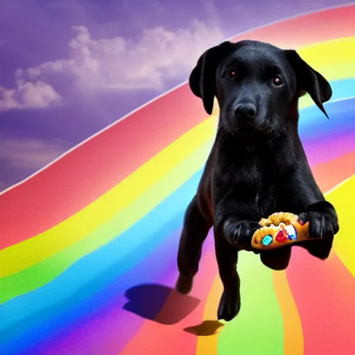 Image similar to adorable black lab chasing a hotdog across a rainbow, very detailed, 4 k, by disney