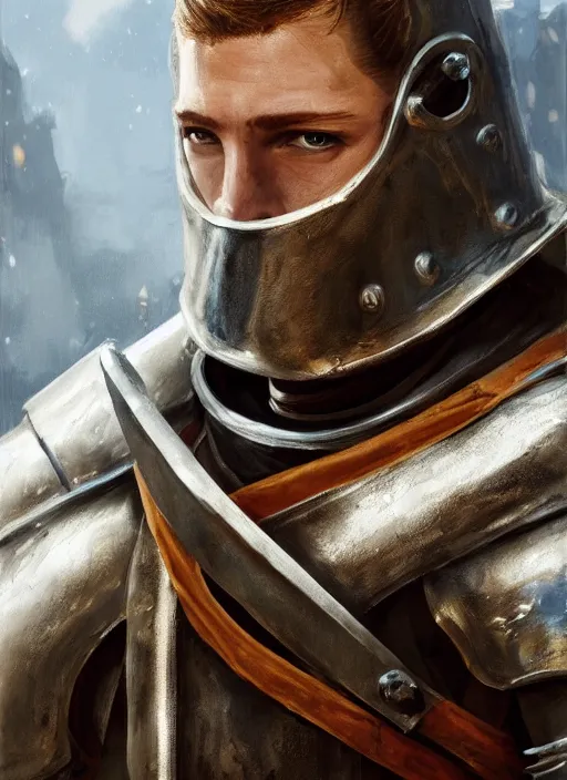 Prompt: oilpainting of a young medieval knight, ugly, hunchback, knight armor, no helmet, stringy hair, blemished face, strong, high resolution, clear image, digital art, studio photo, 4 k, clear lines, artstation