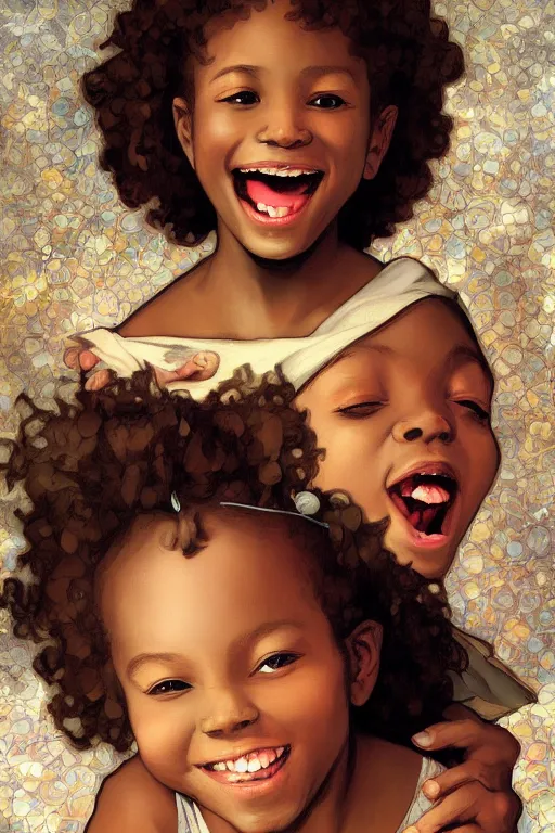 Prompt: carefree black children smiling and laughing, crisp digital painting by artgerm by mucha by caravaggio and face by wlop