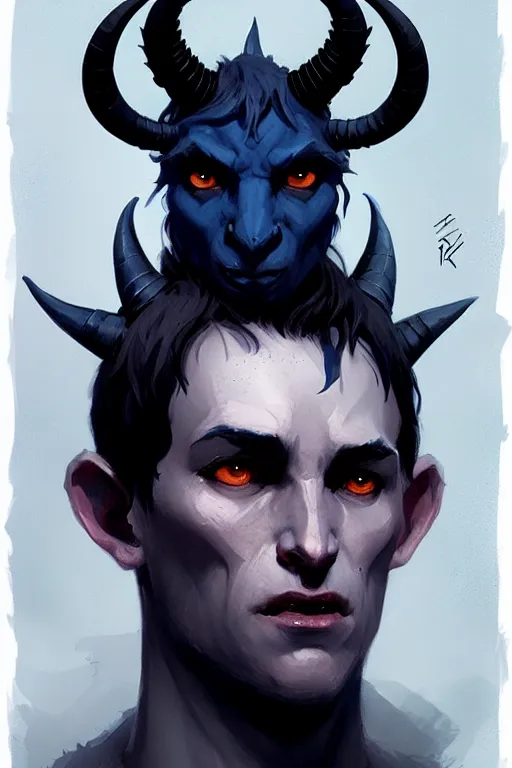 Image similar to character design portrait of a sad dark blue tiefling boy with horns and dark hair and pitch black hollow eyes by Greg Rutkowski