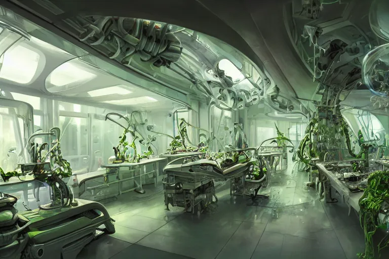 Prompt: institute of futuristic technological development, biomechanical organic lab overgrowth, futuretech, smooth chromium interior with vibrant lab of chemical reactions and test subjects, adreas rocha, artstation, digital illustration, photorealism, radiant lighting