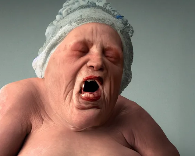 Image similar to of a very beautiful scene. ambient occlusion render. a sweet fat old woman is giving birth to her self as a sweet baby. hyper realistic. 4 k. wide angle. wild. symmetrical face, red mouth, blue eyes. deep focus, lovely scene. ambient occlusion render. concept art. unreal engine.