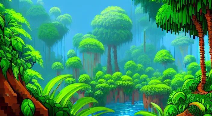 Image similar to beauiful background painting of a jungle level of a 2 d sidescroller game, the jungle is dense and thick, under sunlight above, video game art, pixel art, concept art, soft and lushful, impressionism, ultra detailed, natural lighting, trending on artstation