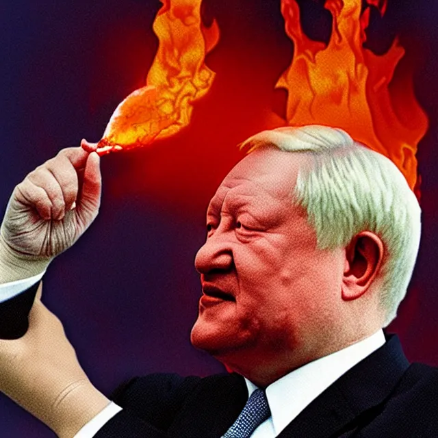 Prompt: president boris yeltsin pours red - hot lead into the mouth of a sinner in hell, infernal art in color