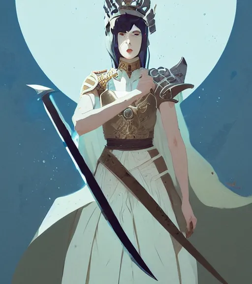 Image similar to portrait of a female sword immortal queen in amazing dress 汉 服 by atey ghailan, by greg rutkowski, by greg tocchini, by james gilleard, by joe fenton, by kaethe butcher, dynamic lighting, gradient light blue, brown, blonde cream and white color scheme, grunge aesthetic