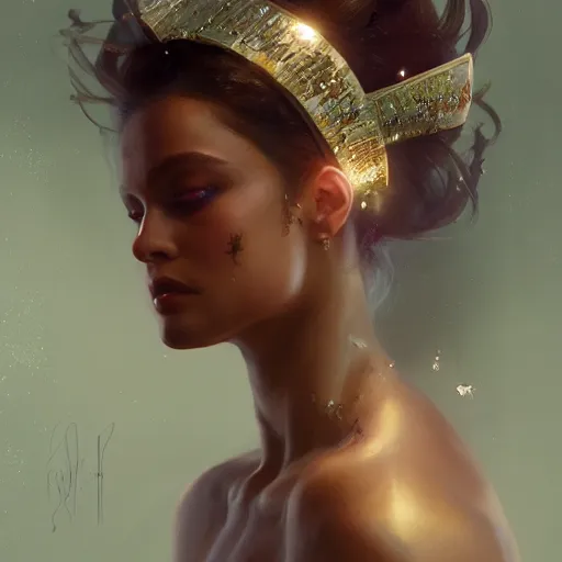 Image similar to a beautiful portrait of a goddess with glittering skin by greg rutkowski and raymond swanland, trending on artstation