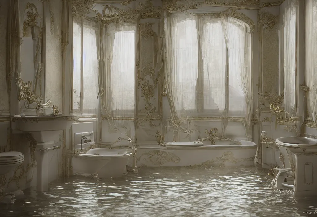 Prompt: kodak portra 4 0 0 photographic and realistic, interior of a bathroom in style of royal palace, detailed, octane render, unreal engine, 4 k, artstation, hyper realistic, wide angle, floor flooded, how a river, objects that float, 3 5 mm, sharp focus, soft light, volumetric light, in the style of gregory crewdson