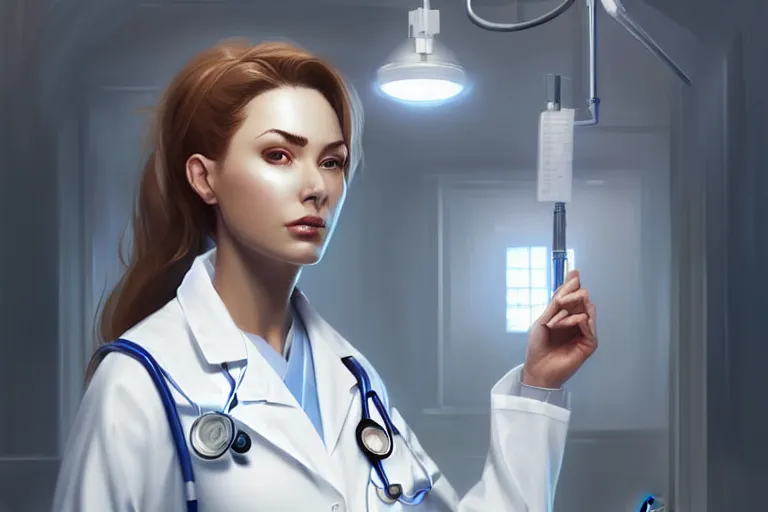 Image similar to a elegant and beautiful female doctor in a white coat in a clinic, cinematic, highly detailed, digital painting, artstation, concept art, matte, sharp focus, illustration, art by artgerm and greg rutkowski