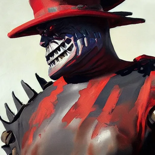 Image similar to greg manchess portrait painting of partially armored freddy krueger as overwatch character, medium shot, asymmetrical, profile picture, organic painting, sunny day, matte painting, bold shapes, hard edges, street art, trending on artstation, by huang guangjian and gil elvgren and sachin teng