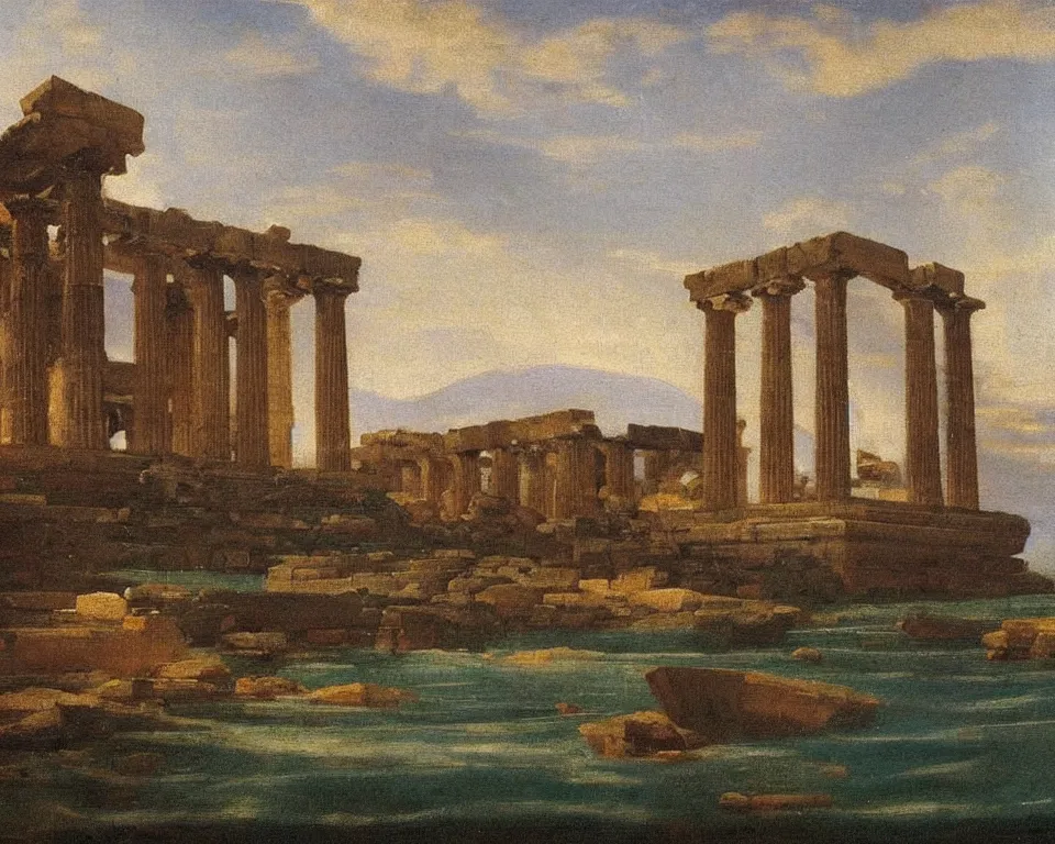 Prompt: an achingly beautiful oil painting of a partially submerged Greek temple by Raphael and Hopper.