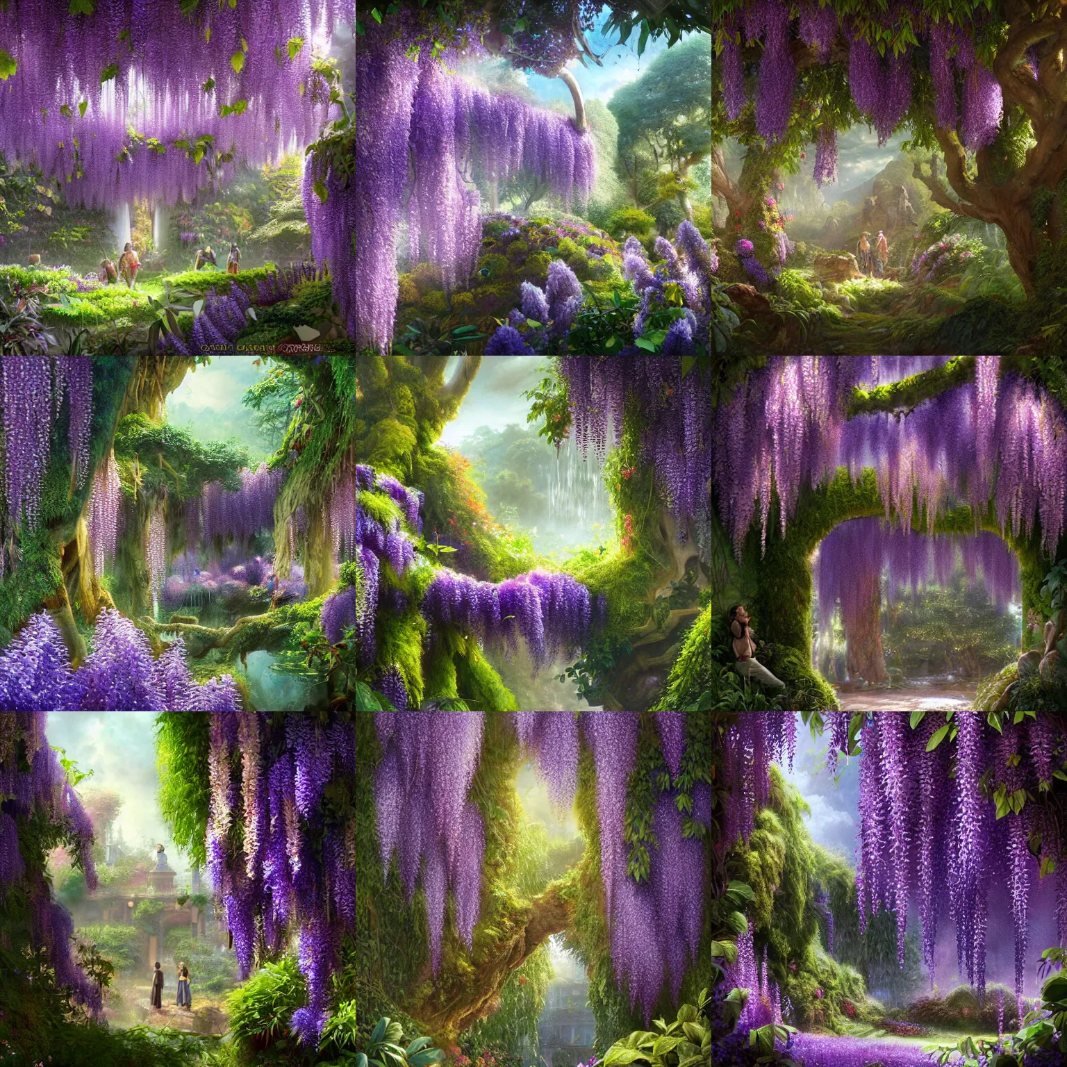 Prompt: garden of eden, vivid colorful flowers, lots of purple wisteria hanging from ceiling, overgrown, vines, moss, tonal colors, epic scale, dramatic lighting, detailed illustration, hd, 4k, digital art, overdetailed art, concept art, post processing, ghibli, greg rutkowski, trending on artstation, environment highly detailed