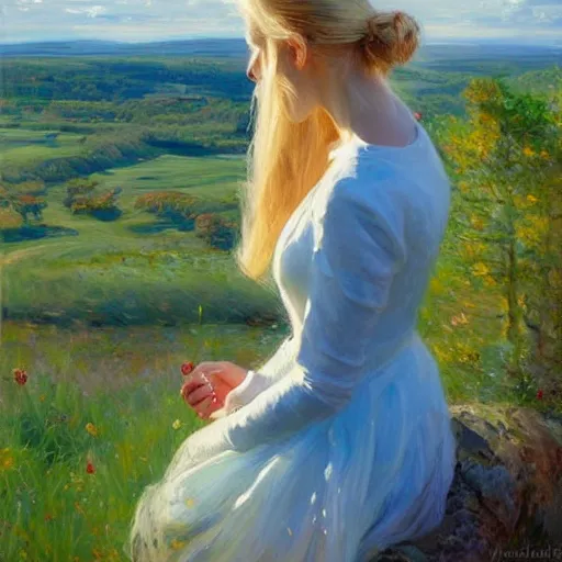 Image similar to blonde woman watching over the swedish countryside, archipelago, morning, masterpiece, highly detailed, beautiful, atmospheric, impressionism, painting by Vladimir Volegov