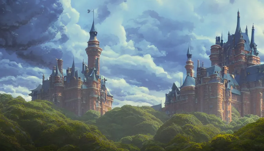 Image similar to A highly detailed matte painting of a huge american castle by Studio Ghibli, Makoto Shinkai, by Artgerm, by beeple, by Greg Rutkowski, volumetric lighting, octane render, 4K resolution, trending on artstation, masterpiece