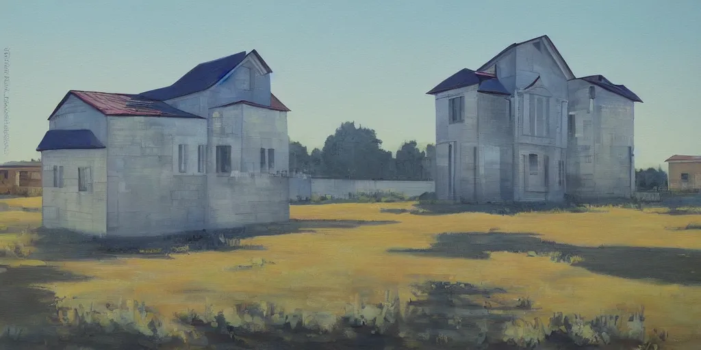 Image similar to a beautiful painting of a building in a serene landscape by agustin fernandez, trending on artstatio