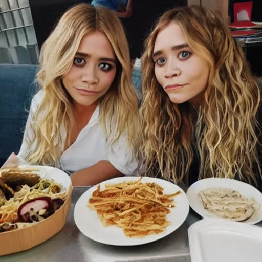 Image similar to obese mary kate and ashley olsen eating mukbang