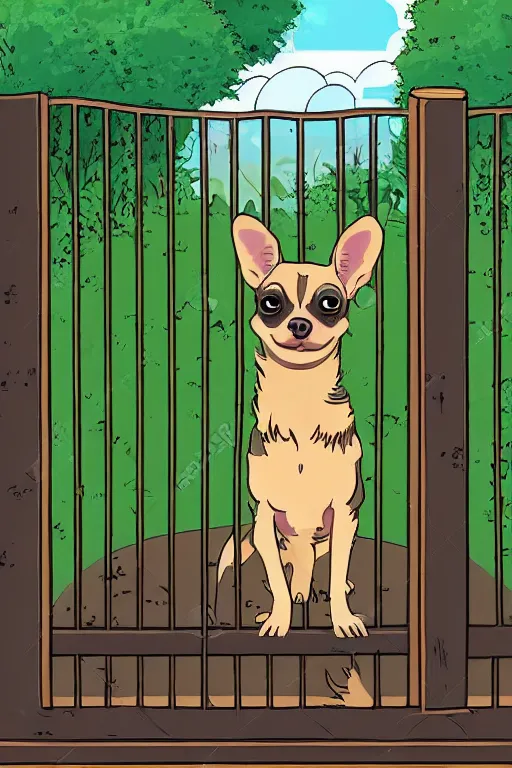 Image similar to A black and tan chihuahua looks through her garden gate, cel shaded cartoon in the style of studio Ghibli, stormy weather, raining, wet, morning, cinematic lighting