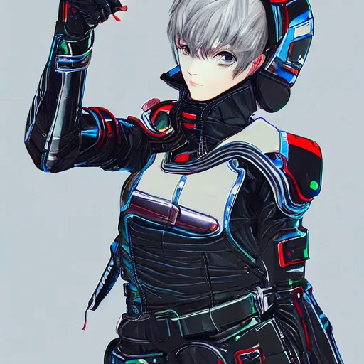 Image similar to girl wearing full suit of retro techwear armor, intricate armor design, shigenori soejima illustration, heavy lineart, oil on canvas