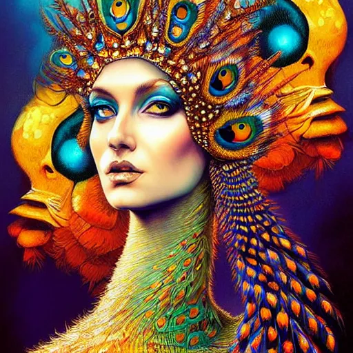 Prompt: queen of peacocks by android jones, trending on artstation