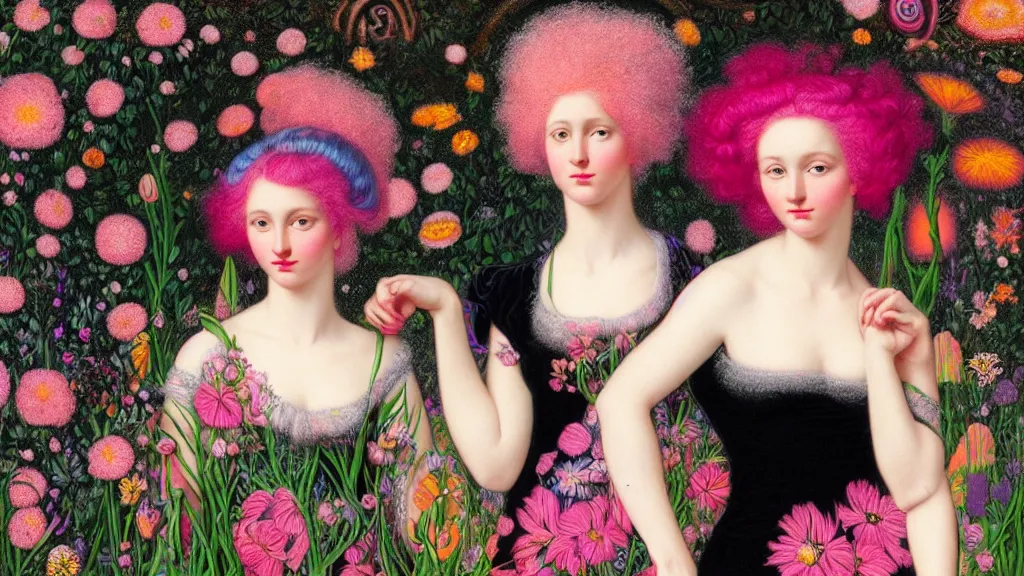 Prompt: photo-realistic portrait of two young women with neon pink hair, wearing a black dress by Vivienne Westwood, standing in a garden full of psychedelic flowers, intricate details, in the style of John William Godward, black background