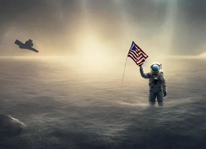 Image similar to astronaut holding a flag in an underwater desert. a submarine is visible in the distance. dark, concept art, cinematic, dramatic, atmospheric, 8 k, trending on artstation, blue, fish, low visibility, fog, ocean floor, christopher nolan, interstellar