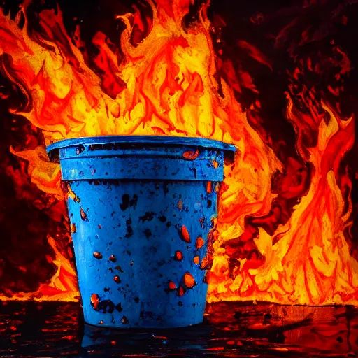 Prompt: a bucket of water in flames, chaotic painting, depicting remorse