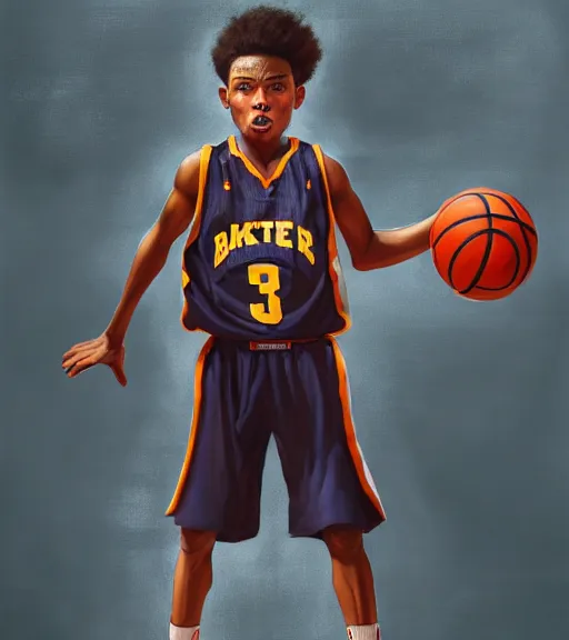 Prompt: portrait of a boy at a basketball court holding a basketball wearing a basketball uniform in a basketball court standing near the basketball hoop, poised, intense emotion, detailed facial expression, detailed surroundings, intricate, elegant, highly detailed, centered, digital painting, artstation, concept art, smooth, sharp focus, illustration, by Peter Mohrbacher, WLOP