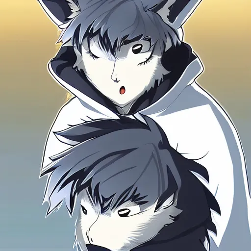 Image similar to key anime visual portrait of a handsome male anthro wolf furry fursona with beautiful eyes, wearing a hoodie, official modern animation