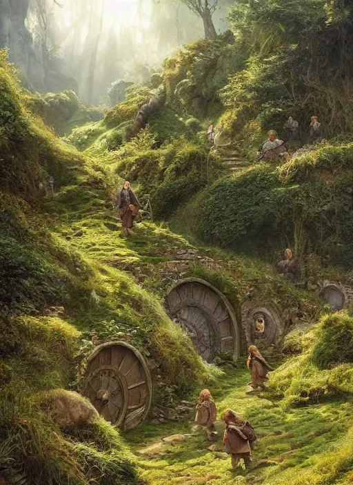 Prompt: hobbits in the shire scenery landscape, lord of the rings, highly detailed, perfect lighting, perfect composition, 4 k, artgerm, derek zabrocki, greg rutkowski